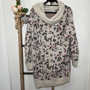 Anthropologie Emma Cowl Neck‎ Tunic Leopard Sweater Size X Large